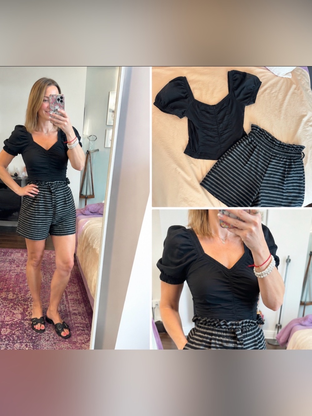 2 Piece Bundle -Black Puff Sleeve Sweetheart Top with Striped Shorts